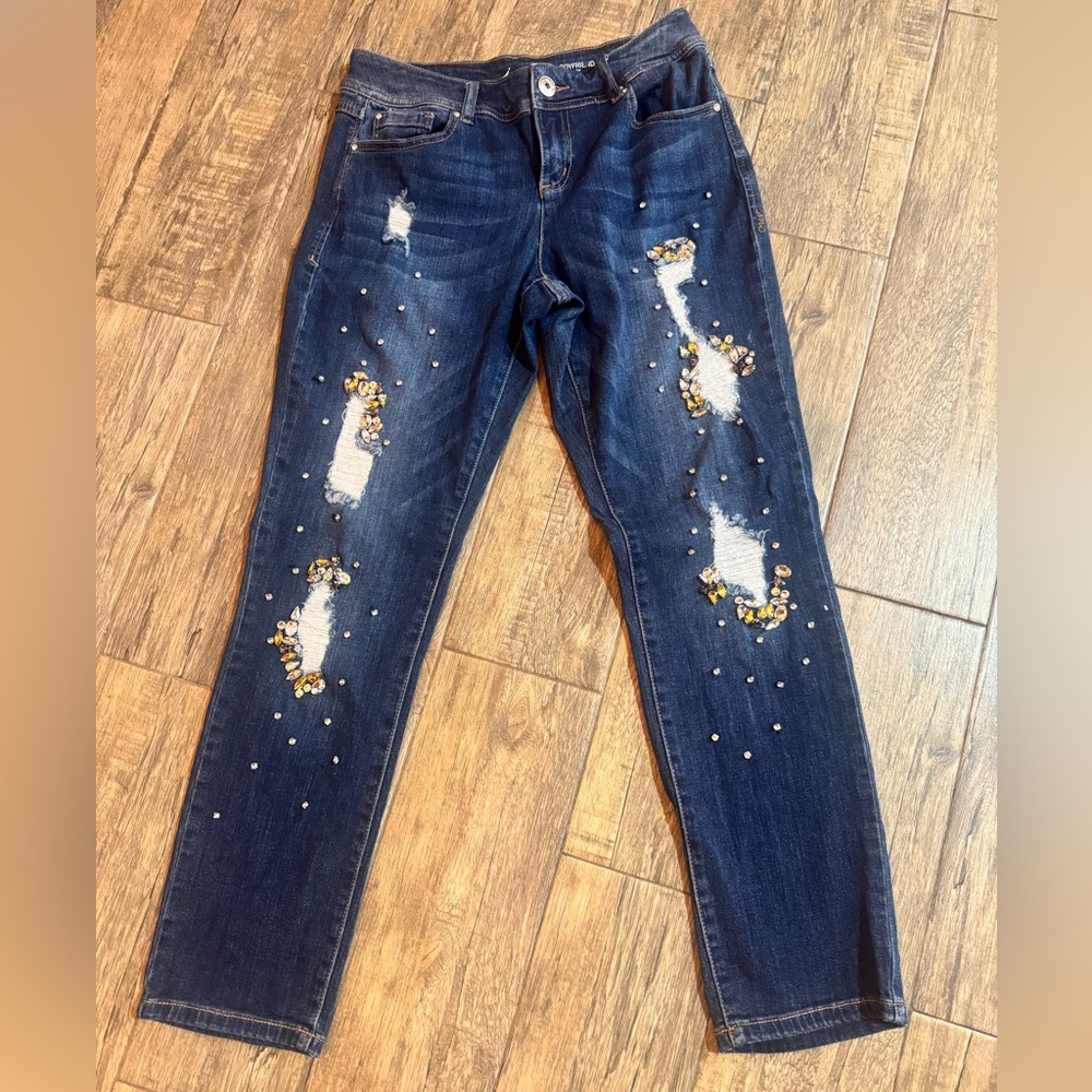 Dark Blue Embellished Distressed Women's Jeans